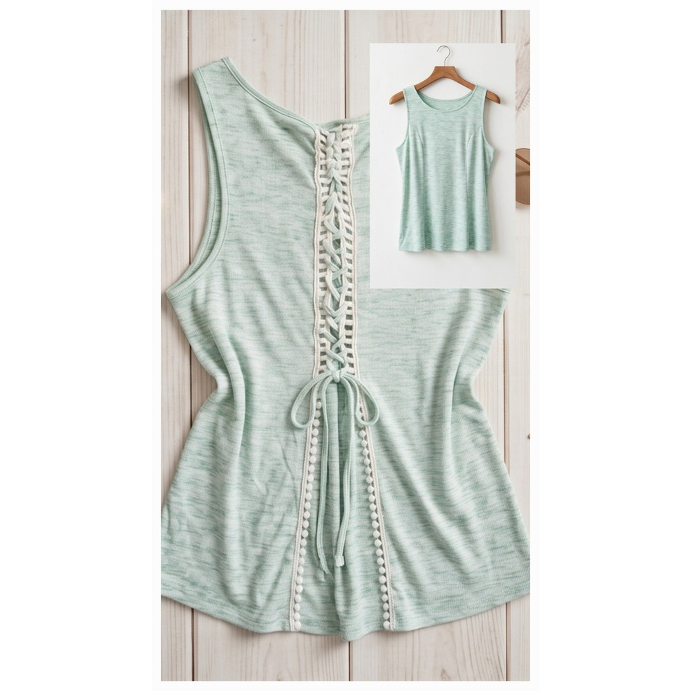 Torrid 3 Mint Heathered Green Space Dye Lace Up Back Tank Top 3X Festival Boho‎